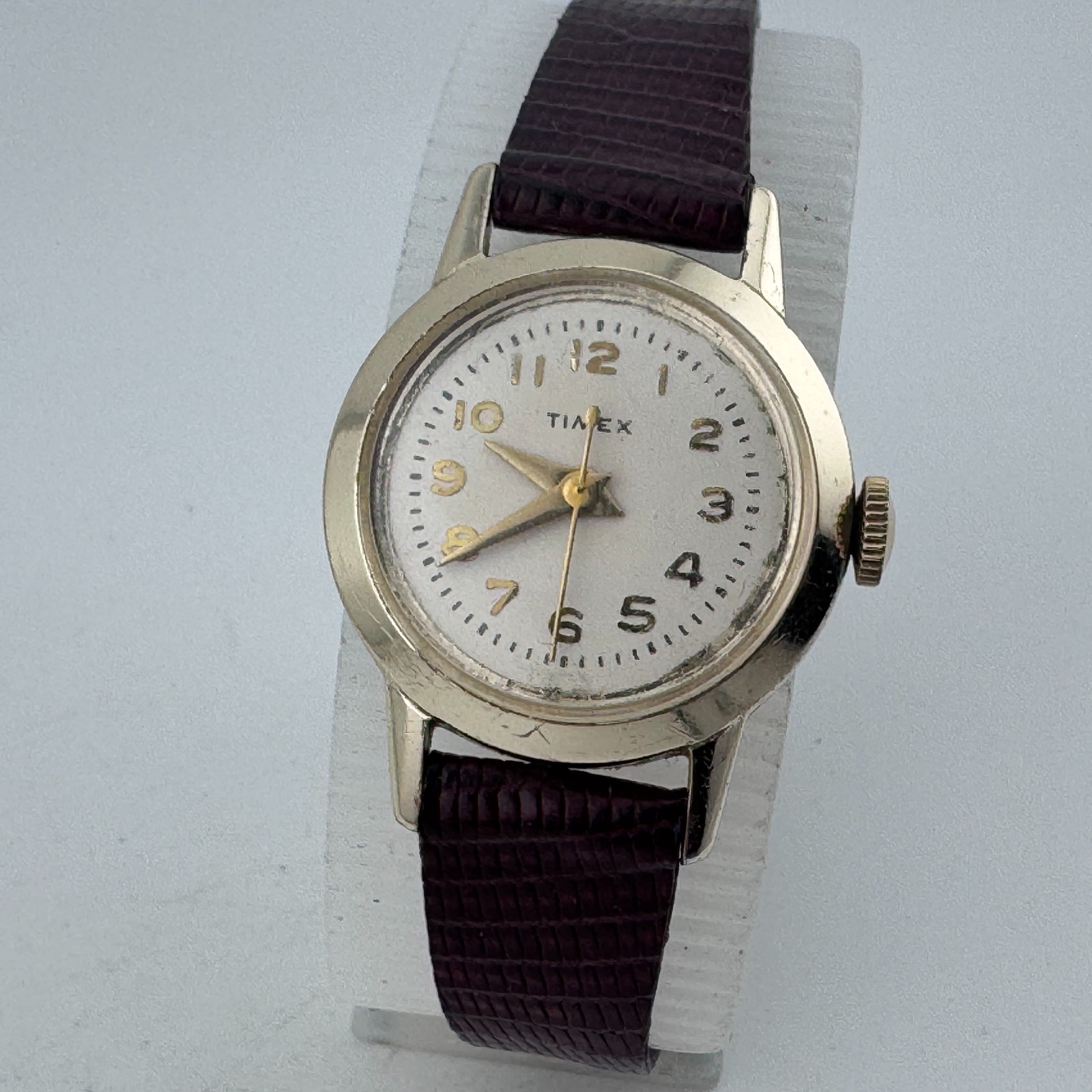 Early VTG Timex Hand-Winding Mechanical Watch Women Gold Tone Aluminum Leather