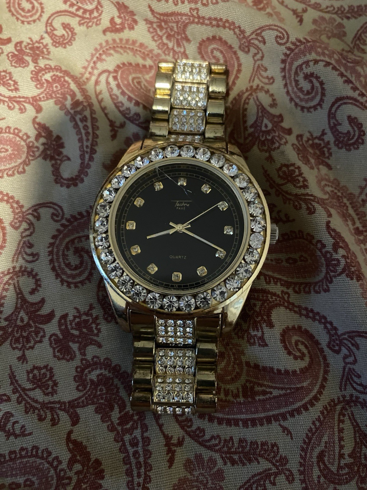Techno Pave Men’s Quartz Watch Black Dial Diamond Bezel Gold Bracelet 38mm