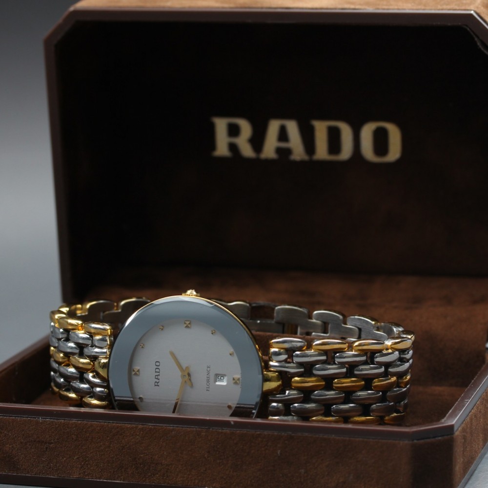 Near MINT RADO Florence 160.3677.2 Silver Gold Bracelet Quartz Unisex Watch Box
