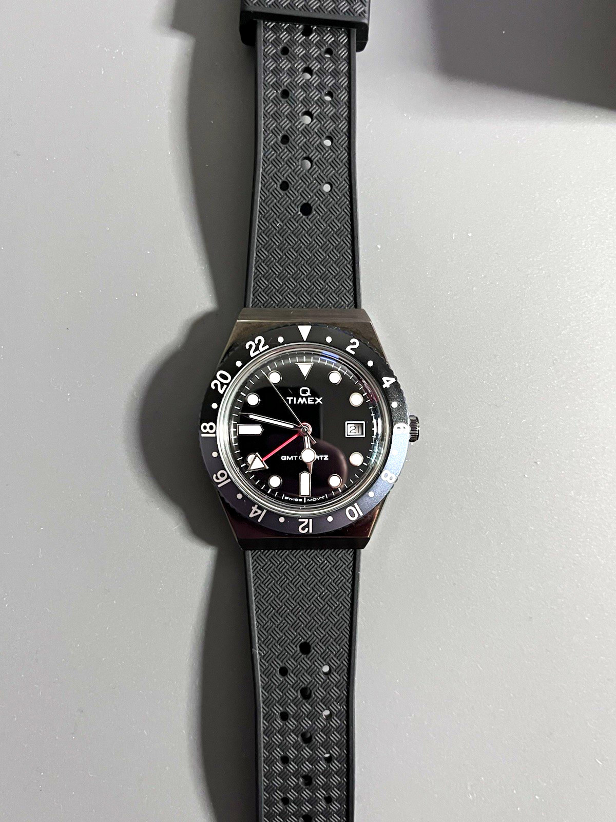 Timex Q GMT Quartz Black Dial 24-Hour Bezel Date 38mm