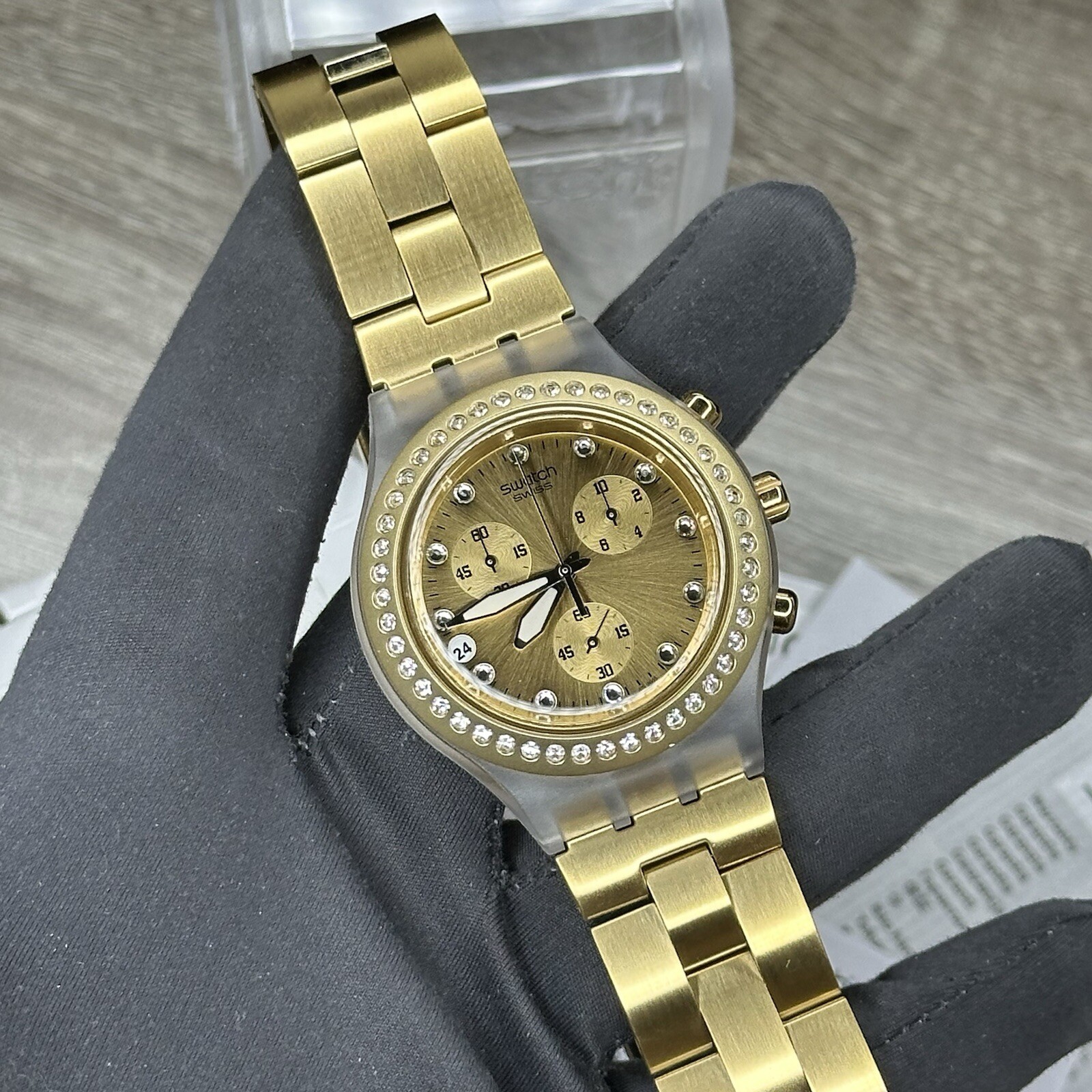NEW✅ SWATCH IRONY FULL BLOODED GOLD CHRONO ALUMINUM 43MM WATCH SVCK4084