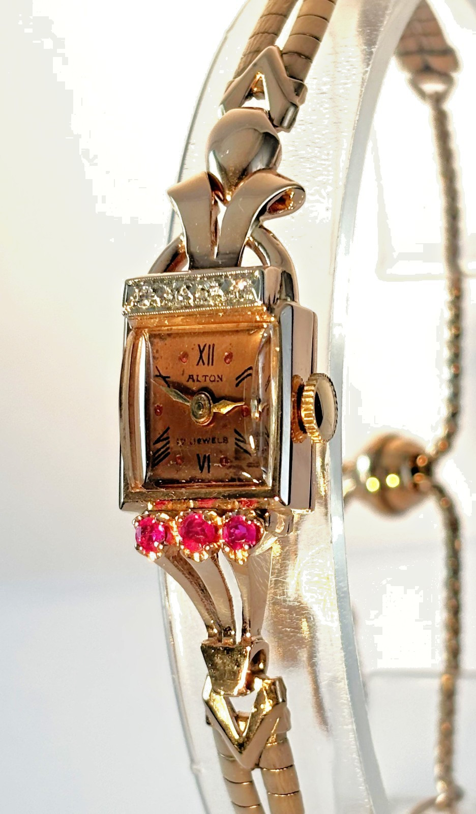 Vintage Alton Solid 14K Rose Gold Diamons Rubies Petite Cocktail Lady’s Watch