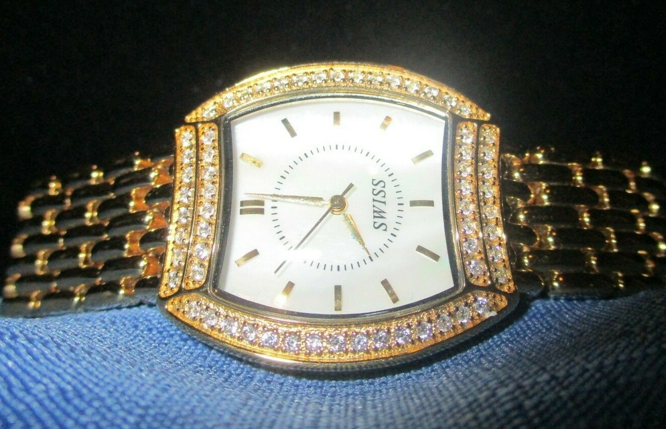 Diamonique(R) Tonneau-Shape Case Goldtone Watch-Swiss Movement-NEEDS NEW BATTERY