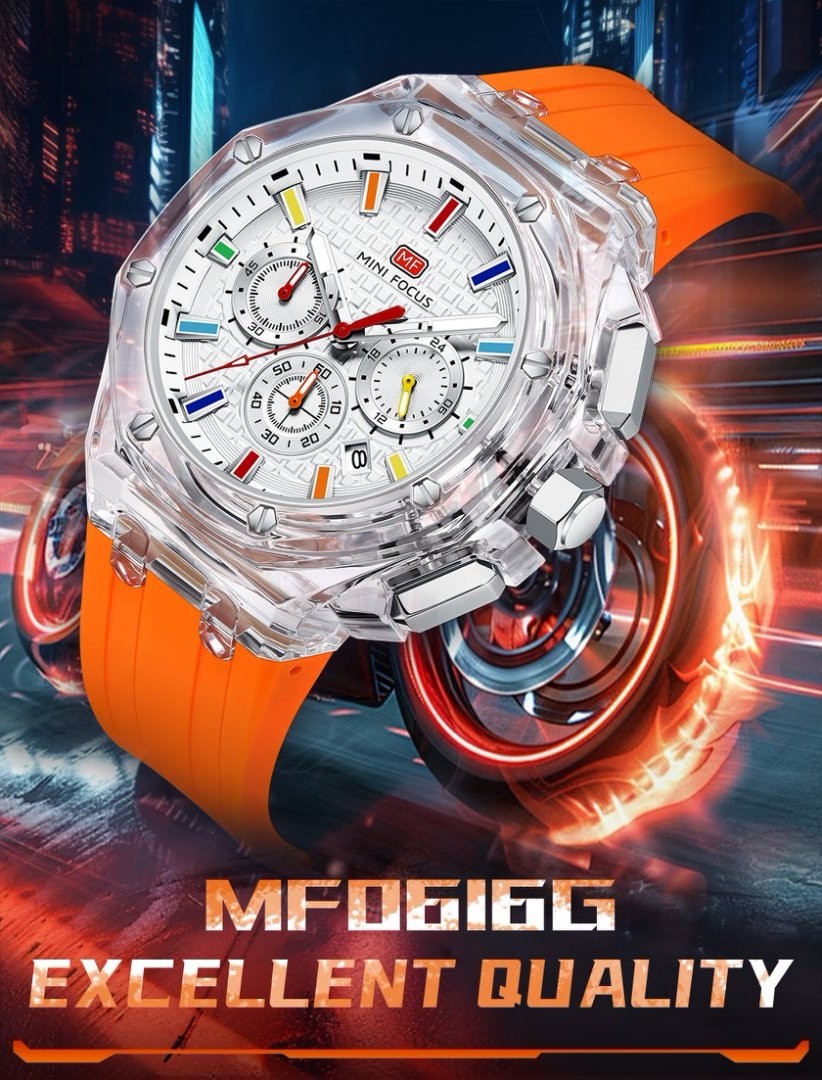 MINI FOCUS Men Transparent Case Multifunction Chronograph Calendar Quartz Watch