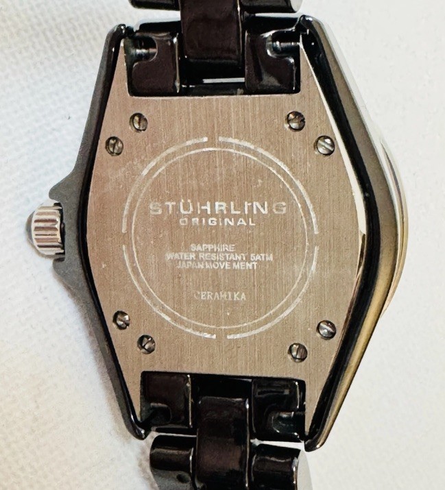 Stuhrling Black Ceramic 34mm Women’s Sapphire Crystal Watch Baguette Bezel 530S2