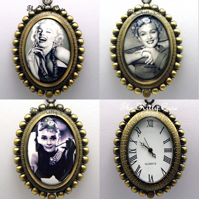Miniature Black & White Monroe Hepburn Print Ladies Girls Pendant Necklace Watch