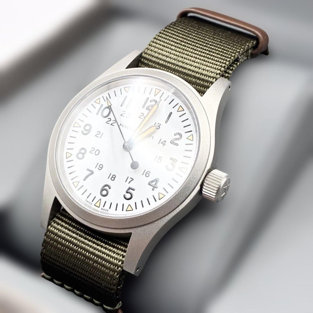 Excellent Hamilton Khaki Field Mechanic H694390 White Manual Winding With Box