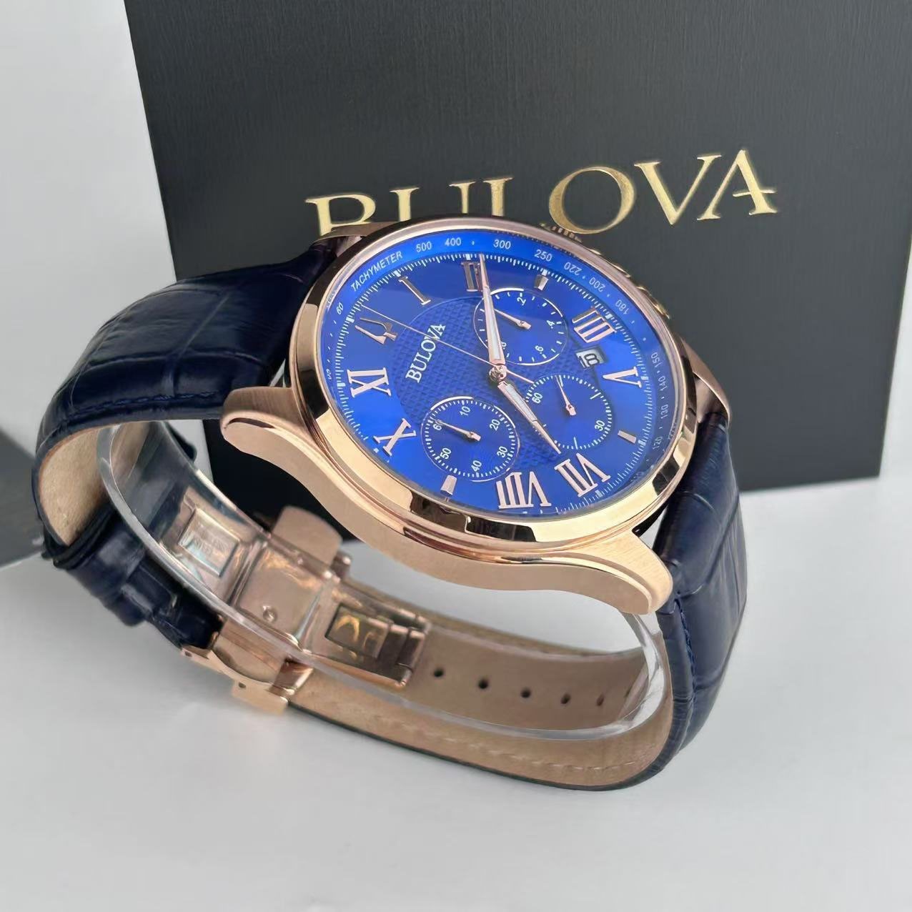Bulova Wilton Classic 97B170 Blue Dial Leather Strap Mens Quartz Watch 4 G2U