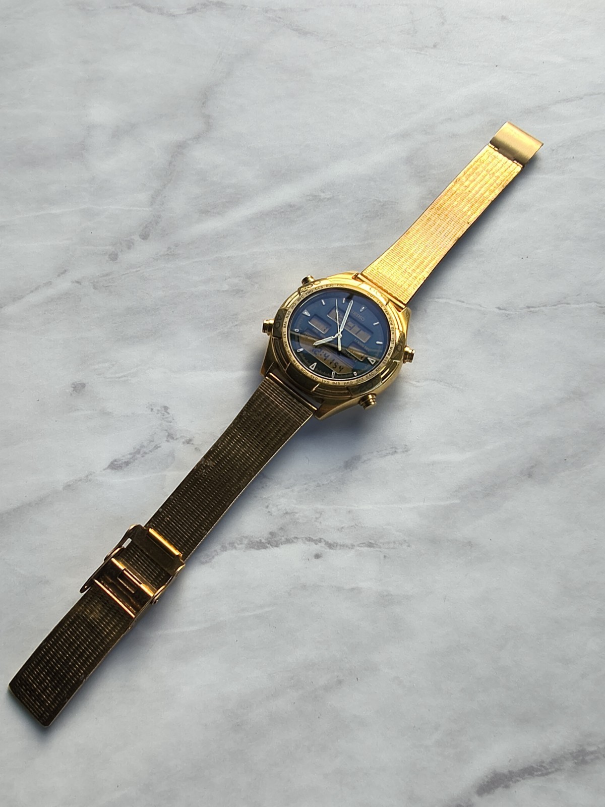 Seiko H021-8021 World Timer Ana-Digi Gold Tone Alarm Chronograph Watch Running