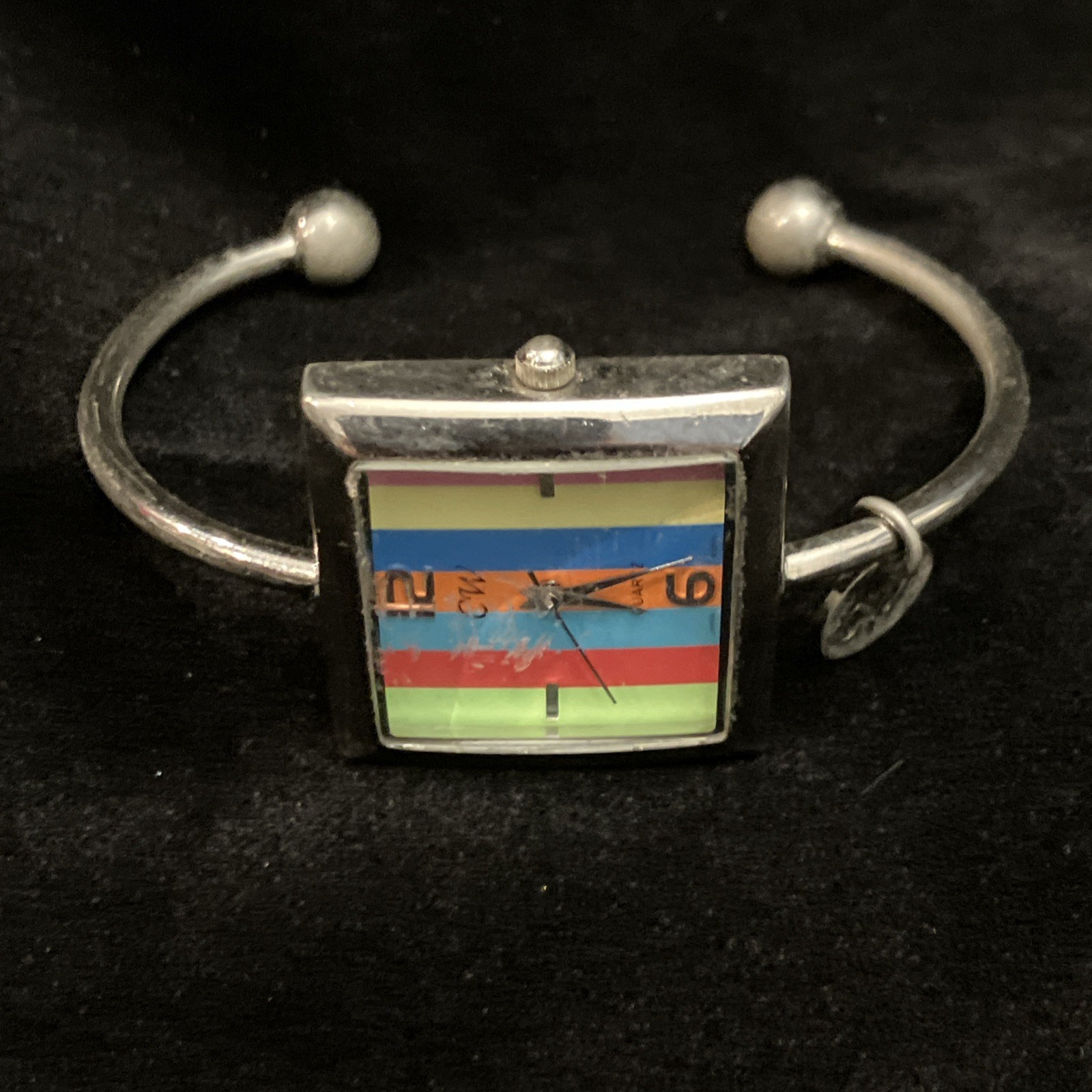 CW Red Green Blue Yellow Square Face Striped Rainbow Watch Stainless Steel Works