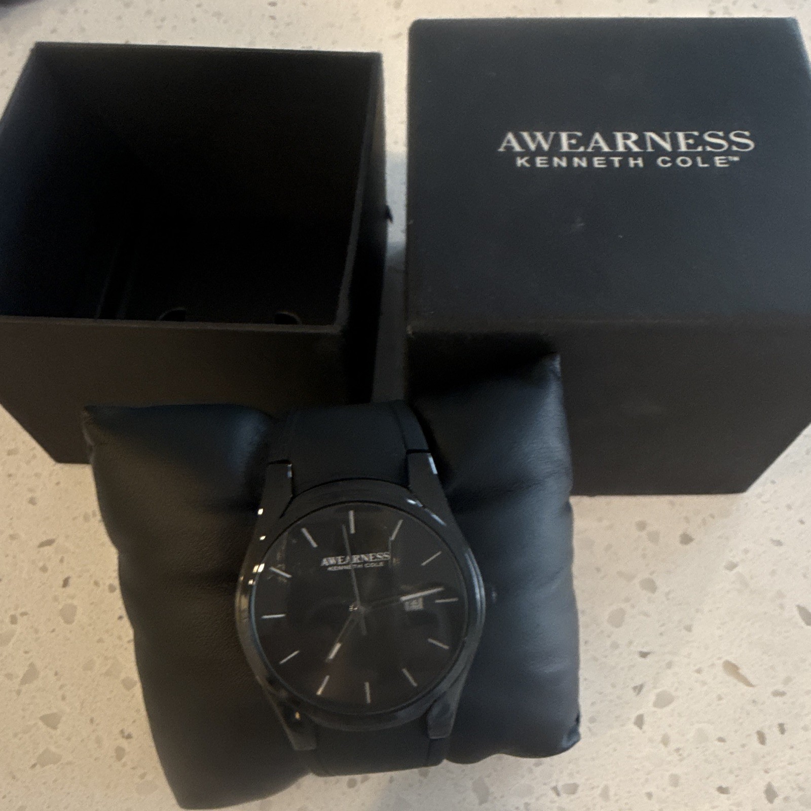 Kenneth Cole Awearness Analog Quartz Date Black Dial/Case Rubber Strap w/Box