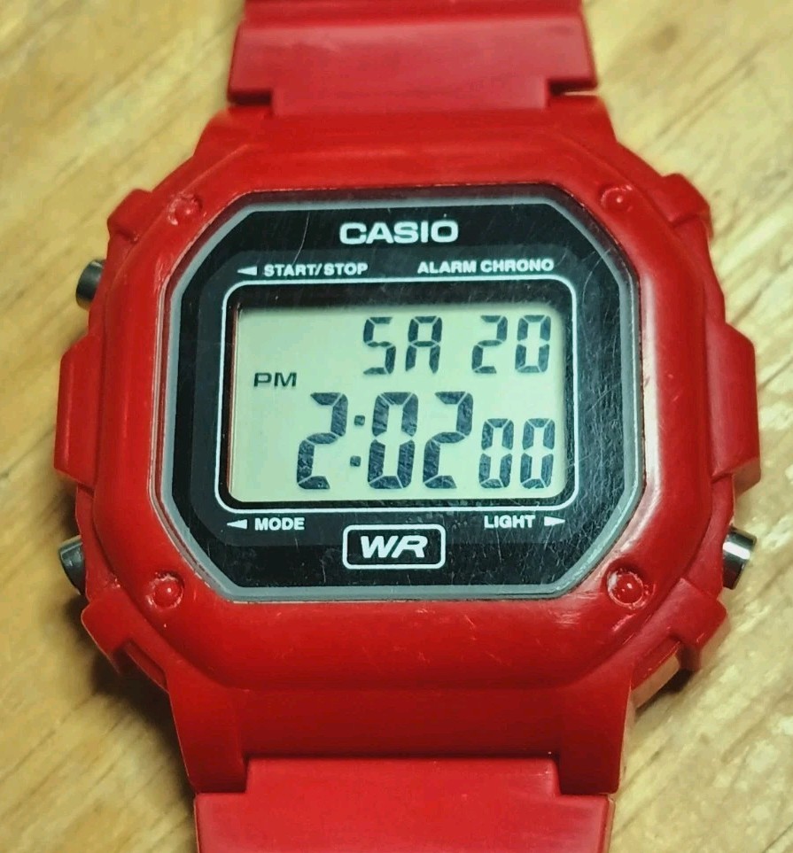 Casio F108WHC Digital Alarm Chronograph Day Date Red Resin Case & Red PU Band