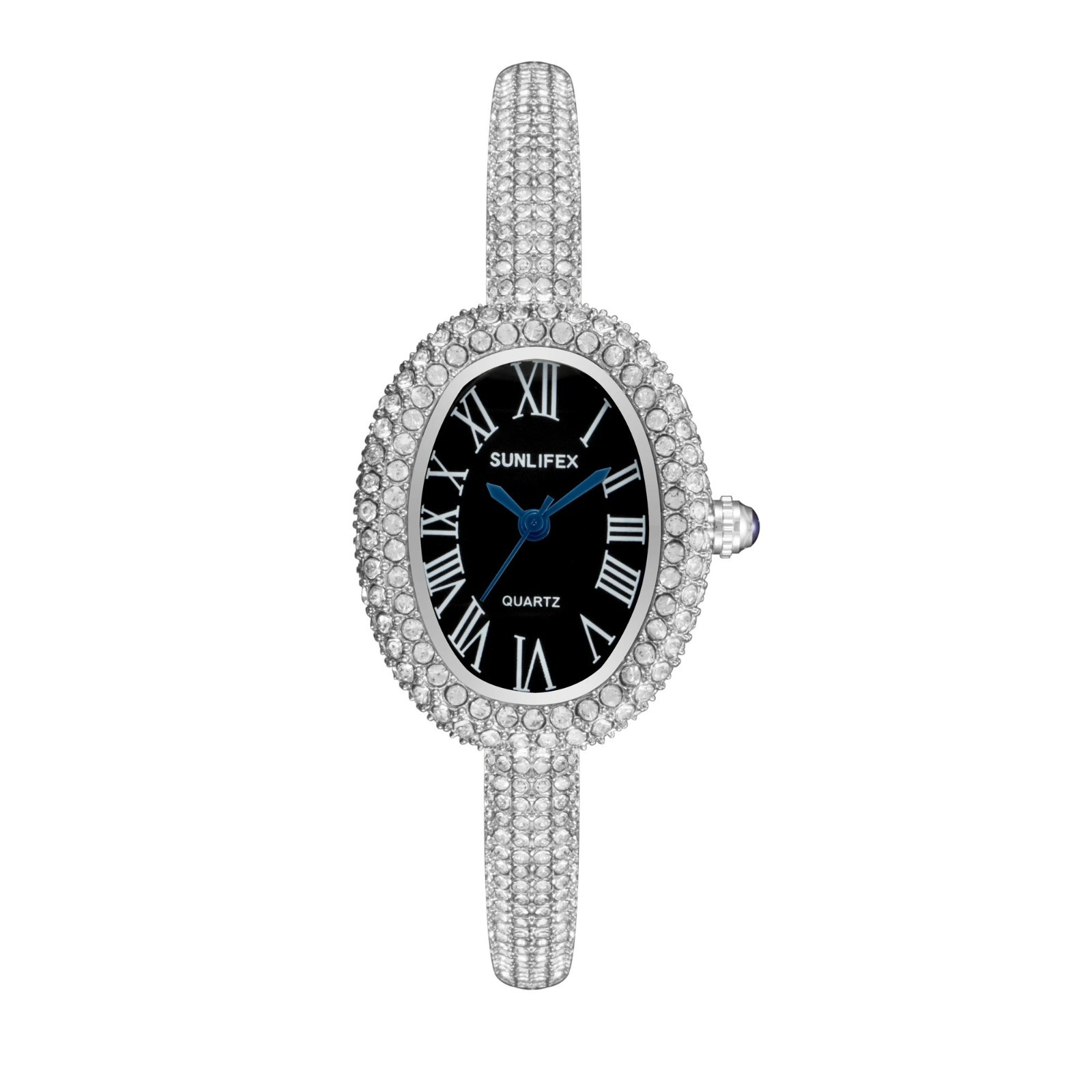 Luxury Crystal Oval Bangle Watch For Women Roman Numeral Dial Rhinestone Inlaid
