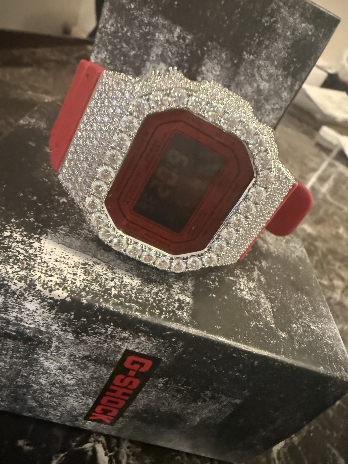 Casio G-SHOCK Digital 200m DW-5600 Red Resin Strap Custom Iced Bezel w/Box