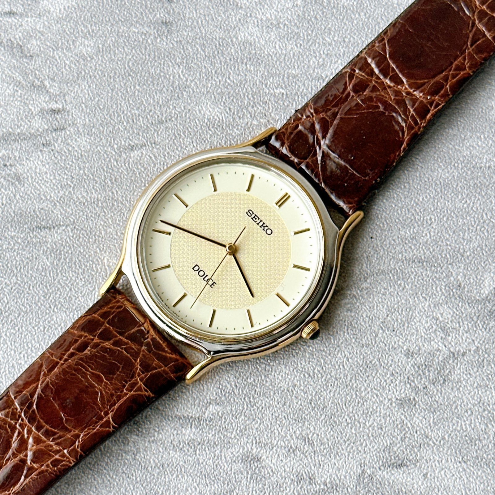 SEIKO Dolce 5E31 6D60 Gold Combination Ivory Dial Men’s Quartz Dress Watch Leath