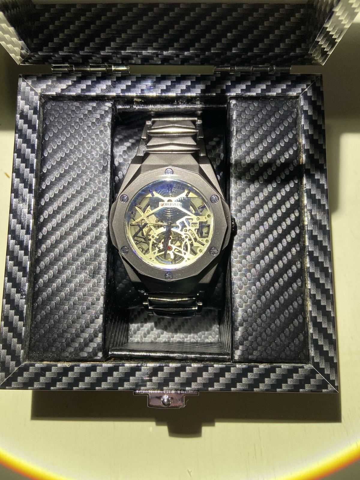 FORRAD Men’s Skeleton Dial Automatic Watch Gray Metal Bracelet w/Box