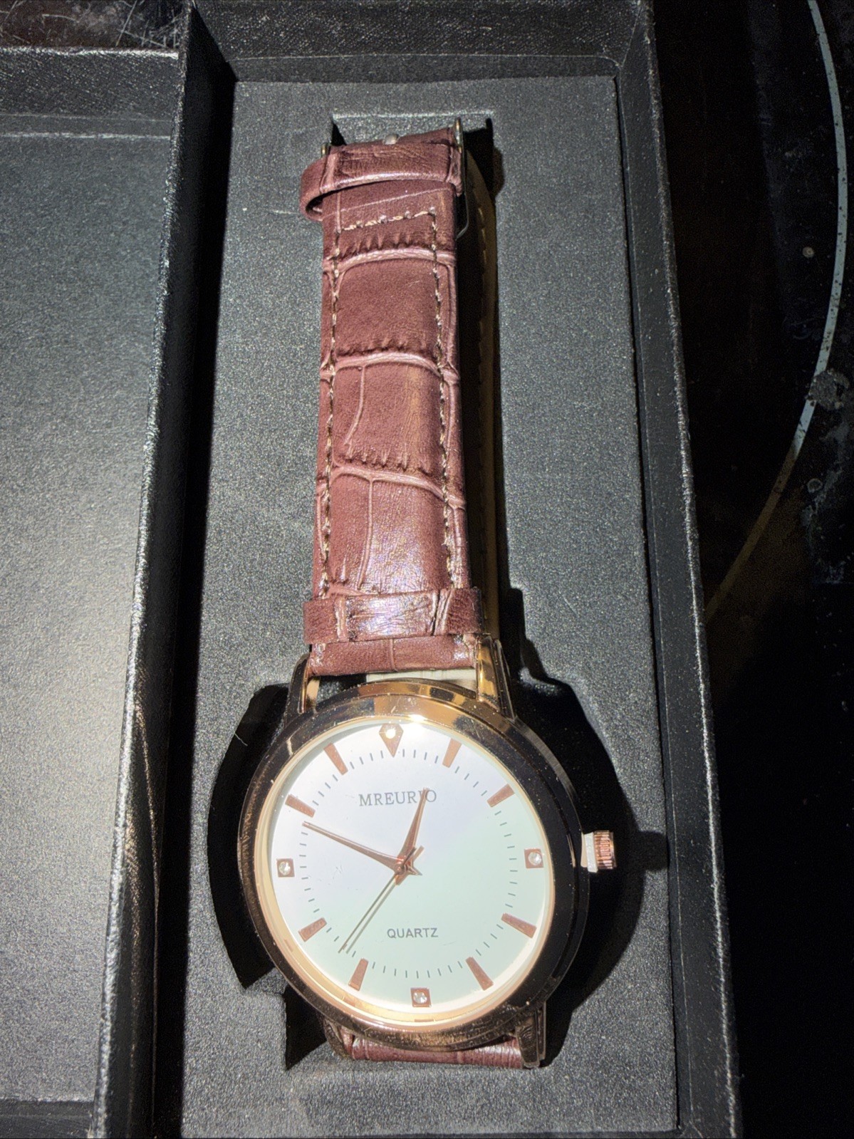 Mreurio White Dial Round Gold Tone Case Brown Leather Band Watch