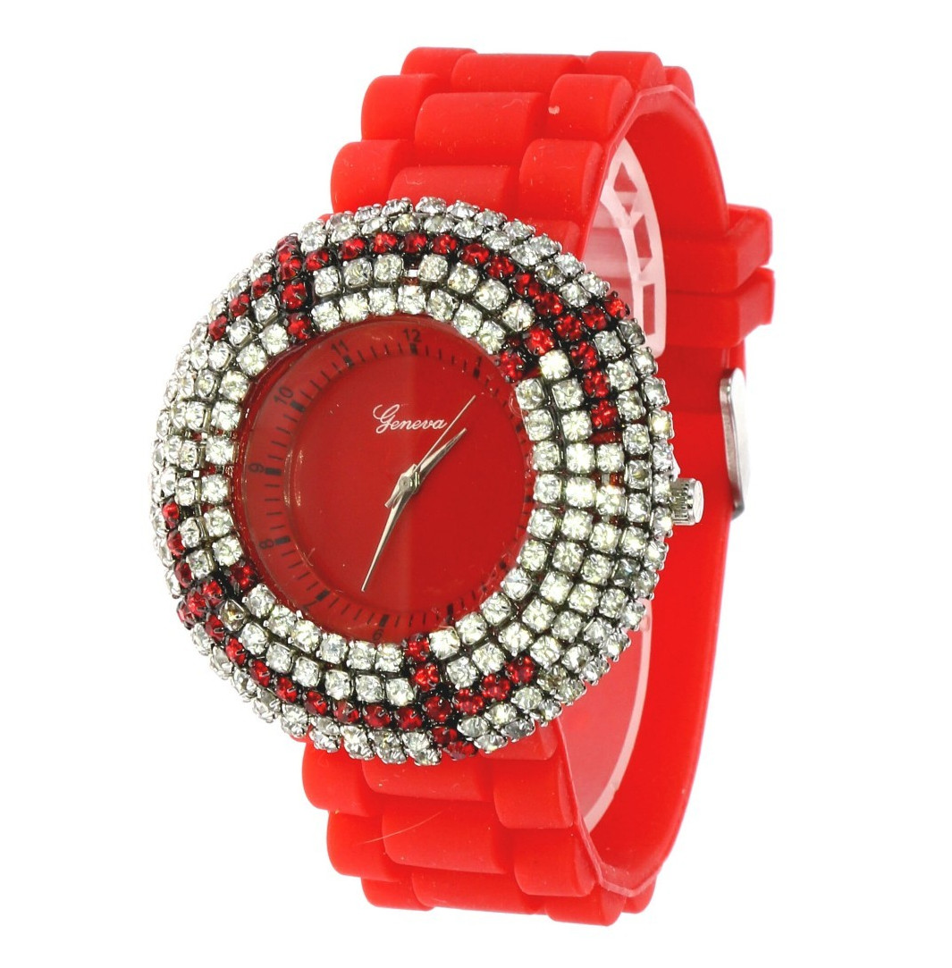 Geneva Women’s Red Clear Rhinestone Watch Fully Ice Bling Bezel Silicone Band