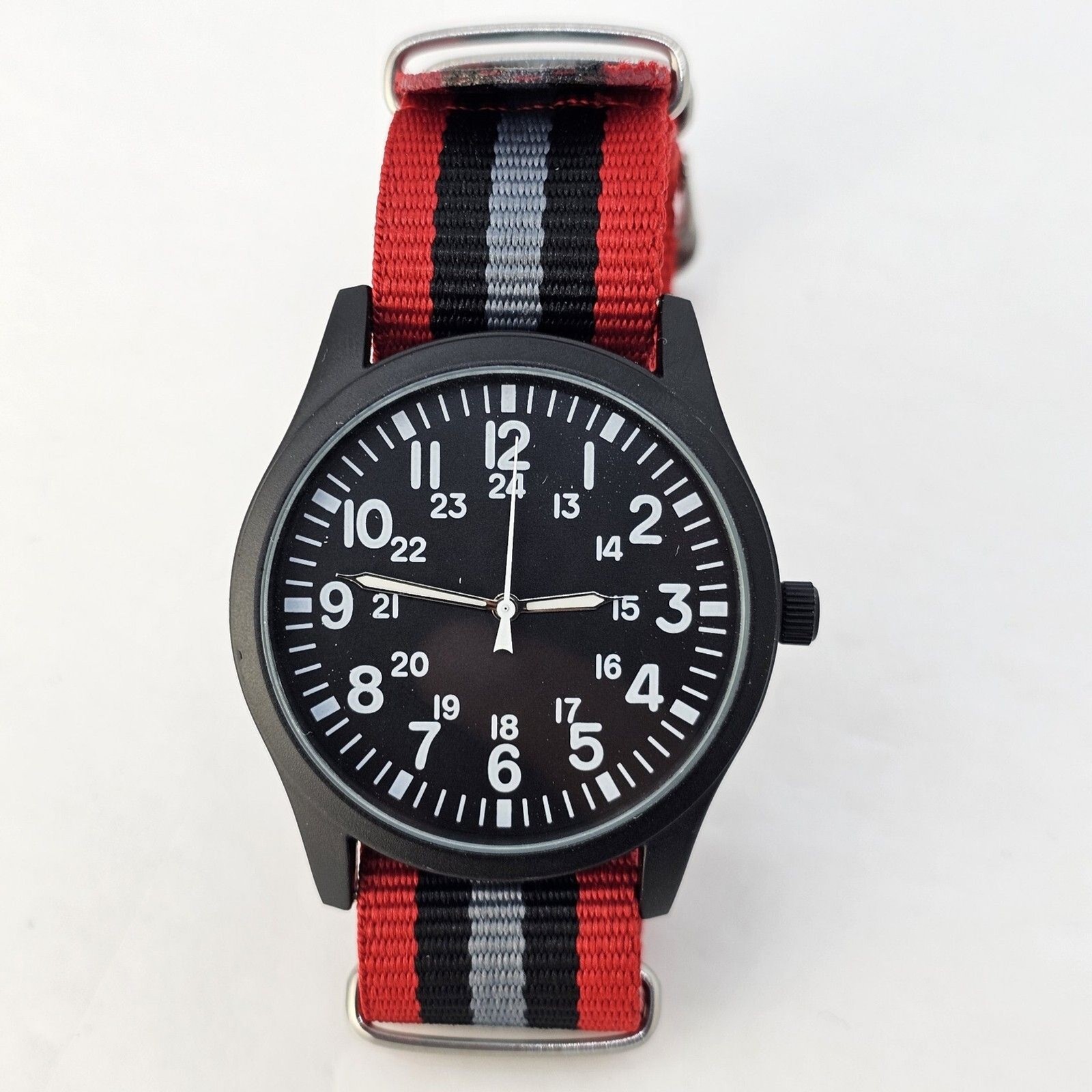 Field Men’s Watch 42MM Black Case Black Dial Red Black Gray Canvas Band Strap