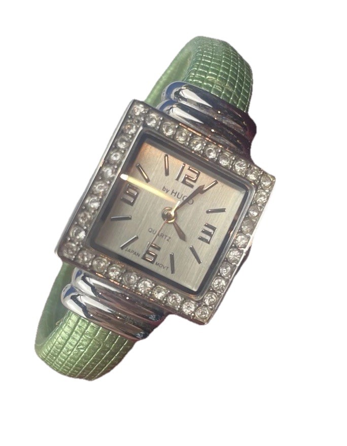 Ladies Watch By Hugo Green Alligator Style Leather Strap Rhinestone NEW Battery