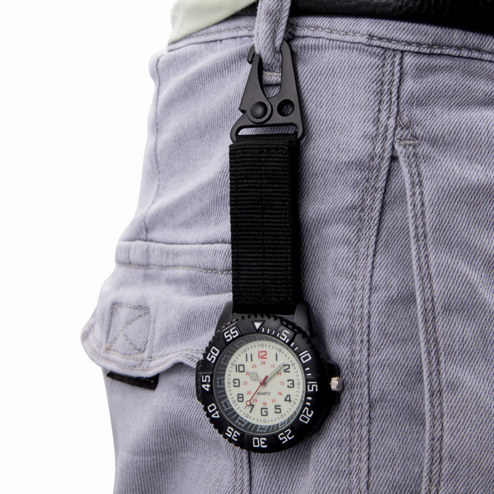 Outdoors Clip-On Carabiner Luminous Compass 24H Backpack Belt Fob Quartz WatchDV