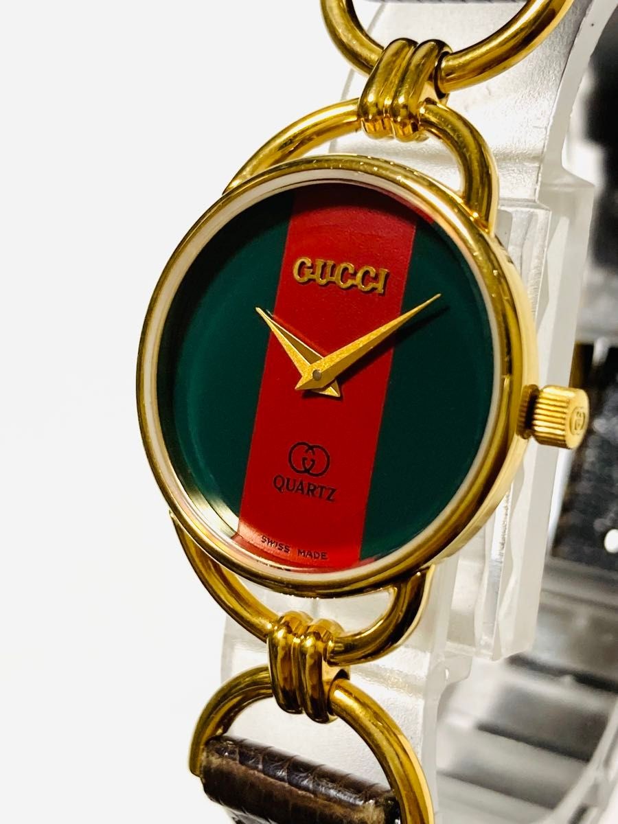 [A3P] Gucci Shearline Vintage Green Red Web Leather Quartz Ladies [x9s]