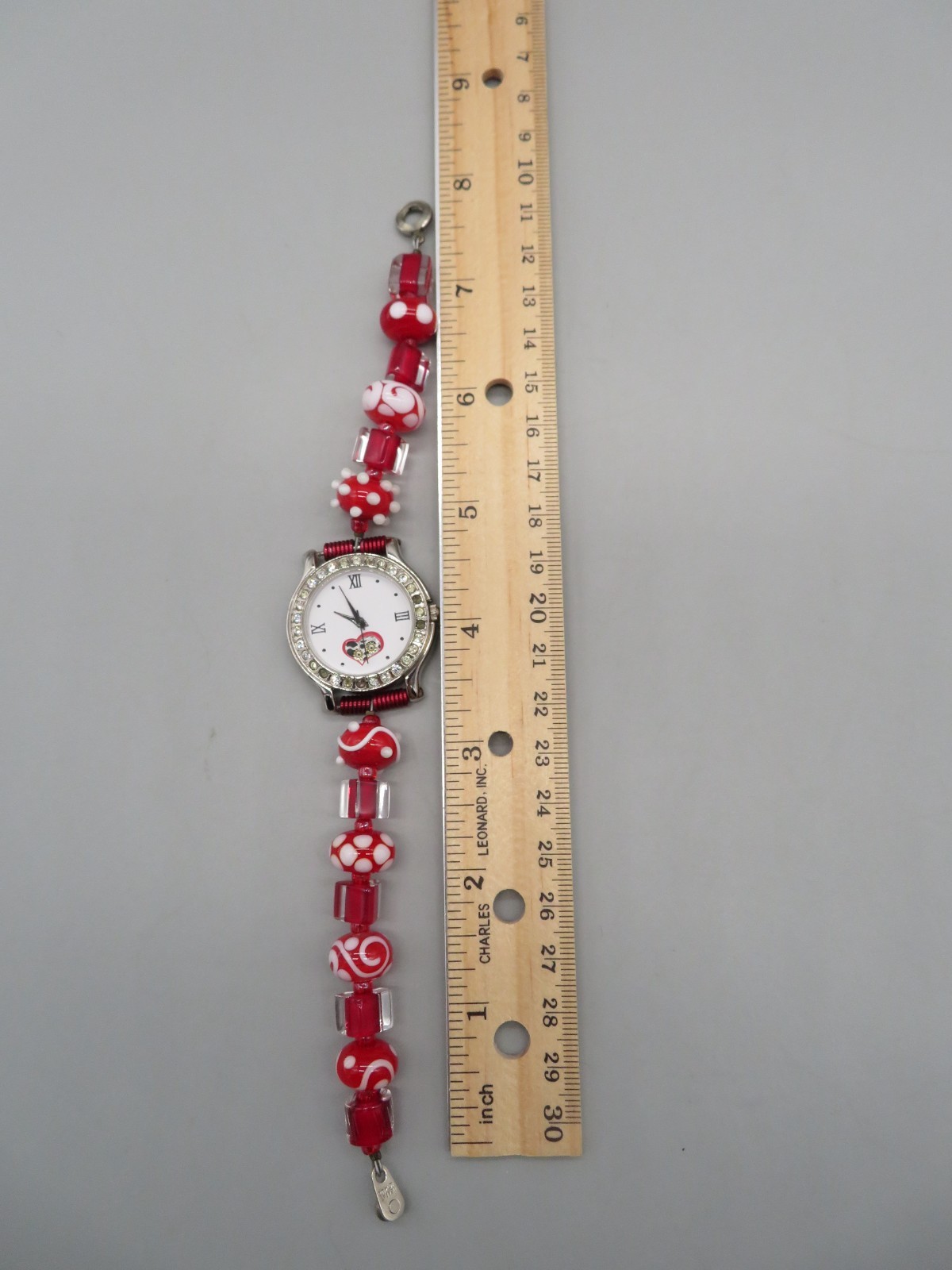 Unusual Gossip Watch Red, White & Clear Beaded Band Gemstone Bezel New Battery