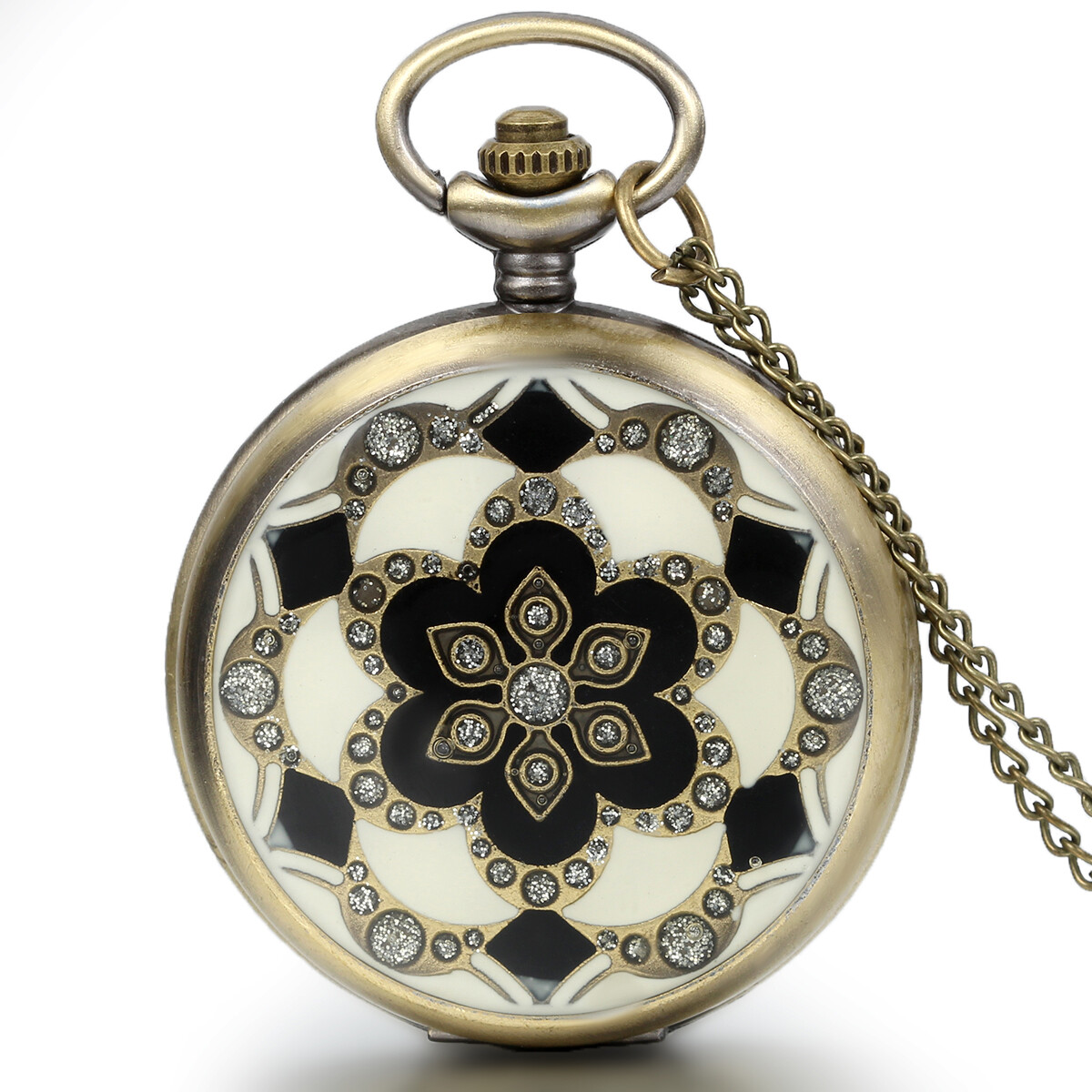 Women’s Vintage Bronze Blossoms Pattern Quartz Pocket Watch Charm Necklace Chain