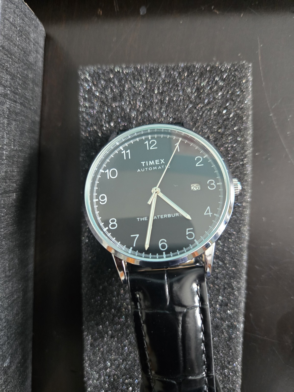 Timex Waterbury Automatic Date Black Dial Black Leather