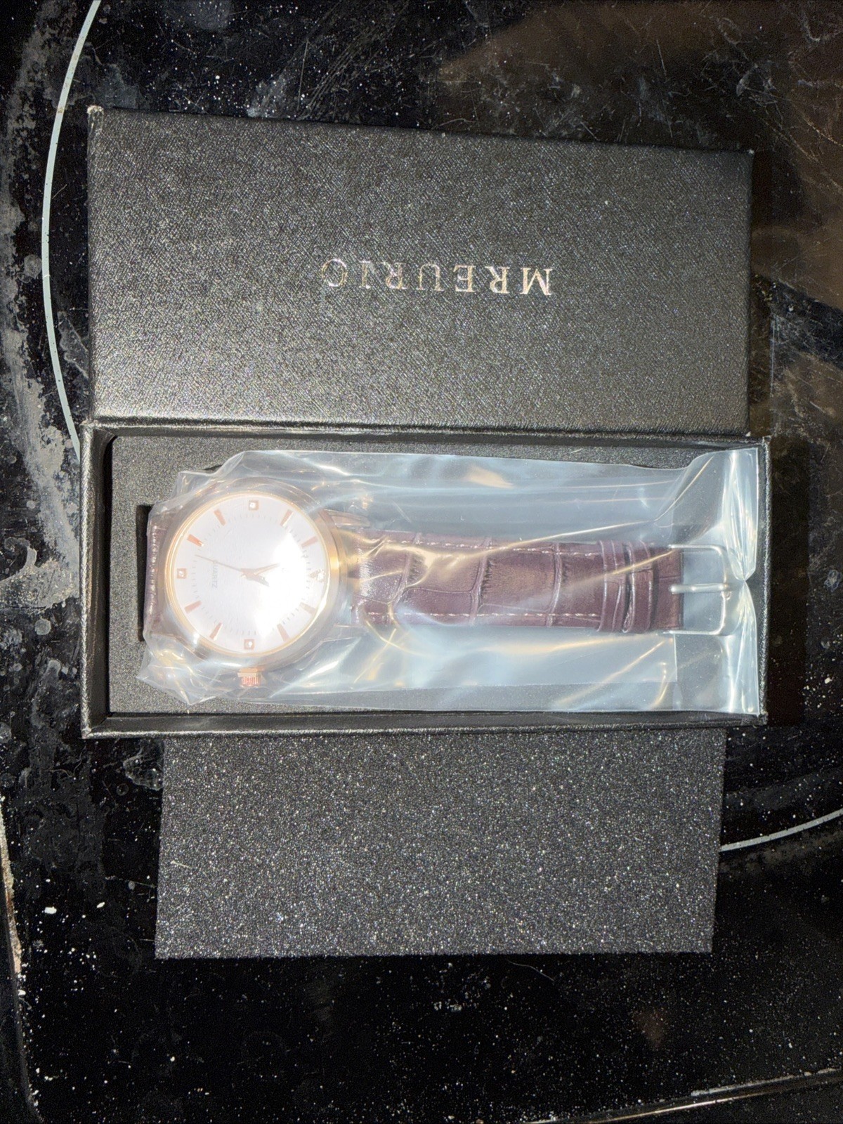 Mreurio Quartz Wristwatch Genuine Leather Rose Gold Diamonds Brown 8599G-RG