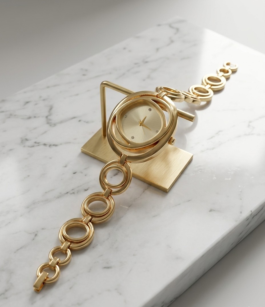 18k Gold Analogue Chain Watch Bracelet- Luxury Mirror Fish Gold Dial Band Watch