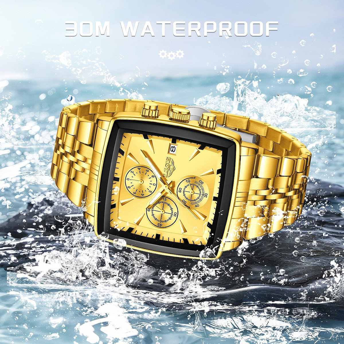 Mens Watch Quartz Multifunction Luminous Chronograph Male Steel Wristwatch Gold