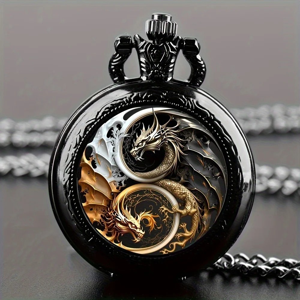 Mens Pocket Watch Retro Mechanical Black Steampunk Skeleton Chain Luxury Classic