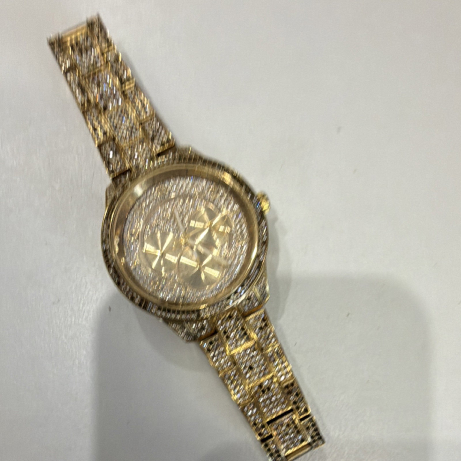 Gold Gemmed Luxury Wristwatch Diamond Pattern Dial Analog Bracelet Polished