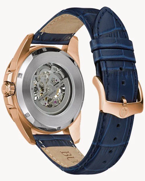 Bulova Sutton Men’s Automatic Skeleton Dial Rose Gold Blue Leather Watch 43mm