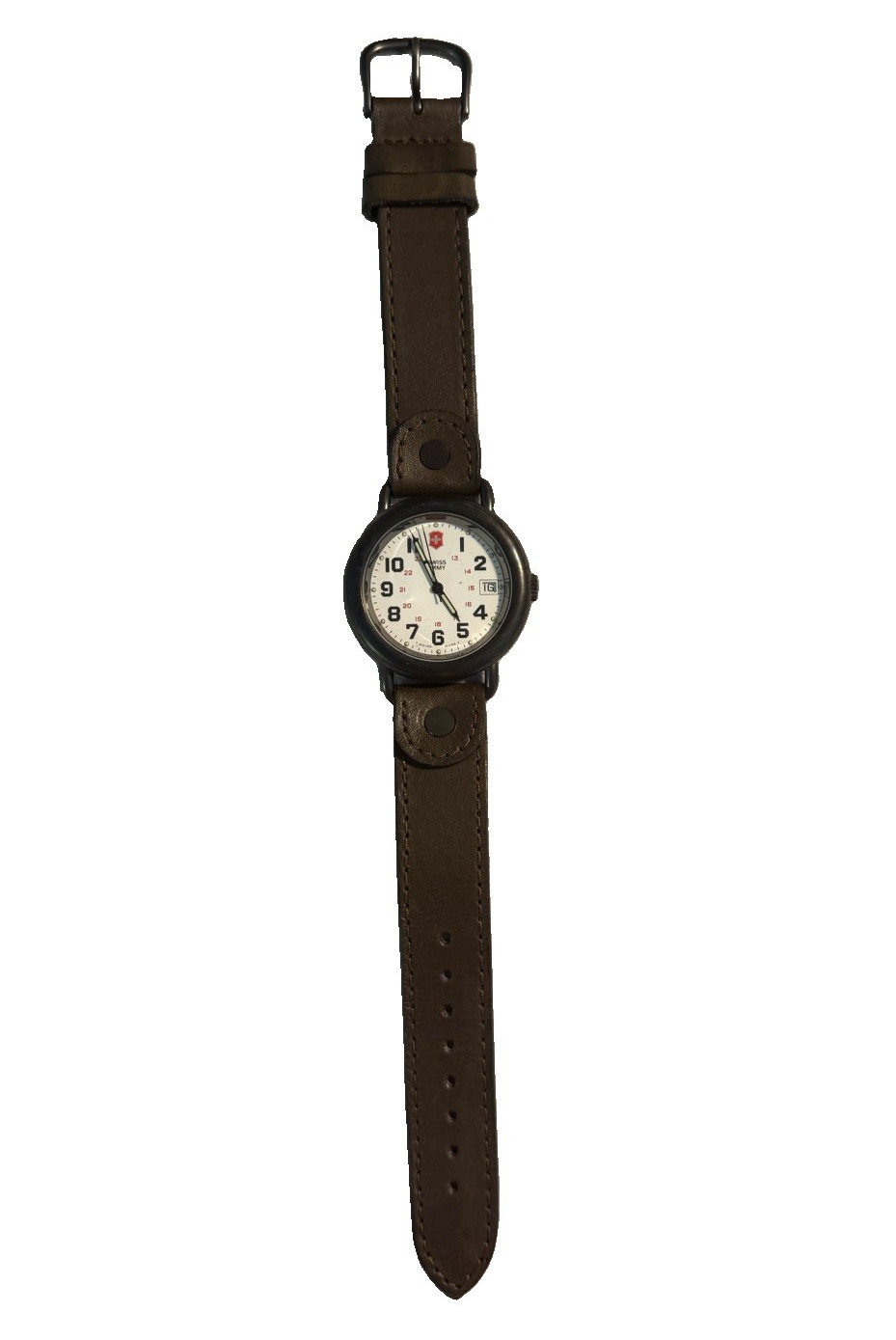 Swiss Army Quartz Analog Date 30m White Dial Black Case Brown Leather Strap