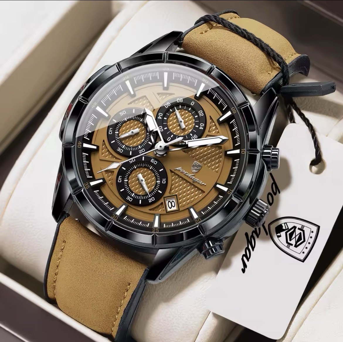posdaar Men’s Quartz Watch Brown Dial Date Luminous 3ATM Leather Strap 44-47mm
