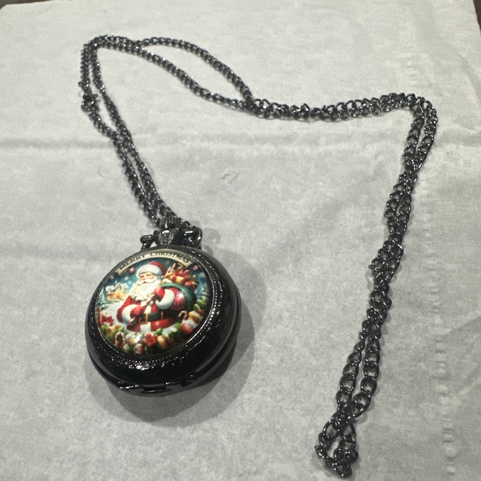 New Santa Claus Pocket Watch Design Black 36mm Quartz Christmas Holiday Gift USA