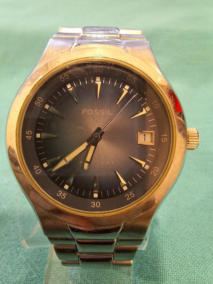 Fossil Arkitekt Brown Dial Stainless Steel Watch Date Quartz Untested Needs Batt