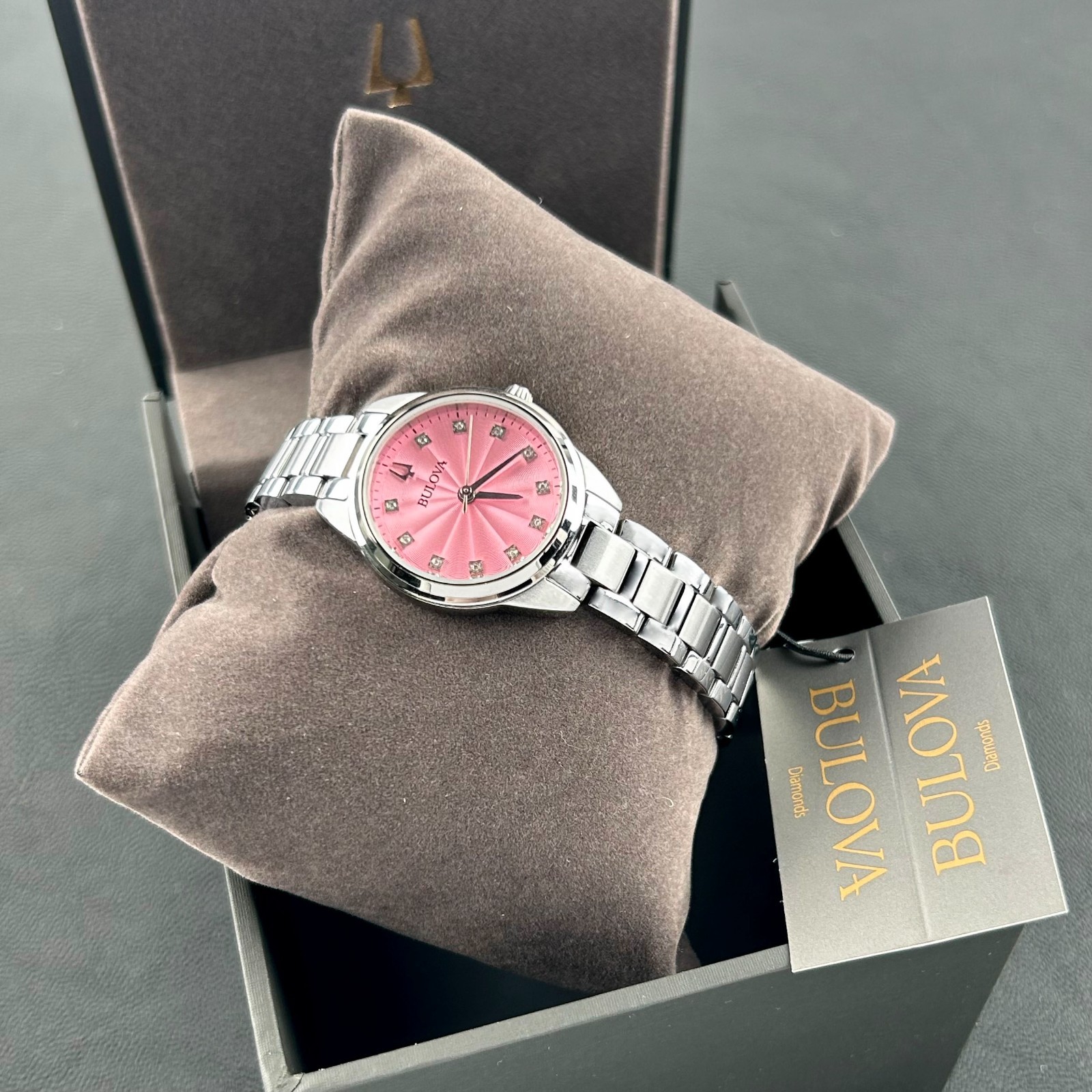 New w/box Bulova Sutton Diamond Pink Dial Women’s 28mm Quartz Watch 96P249