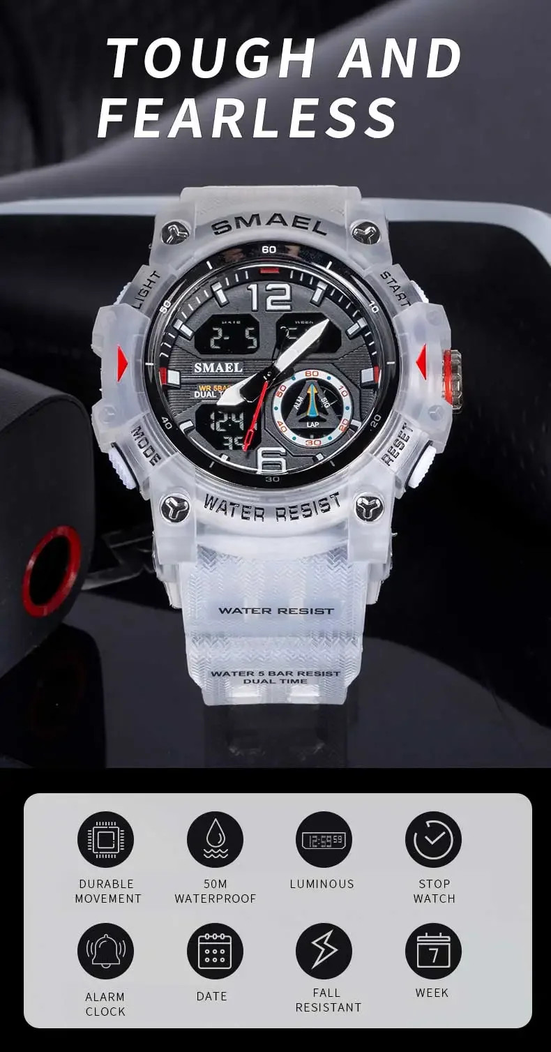 8007 Men’s Outdoor Transparent Dual Display Waterproof Luminous Watch