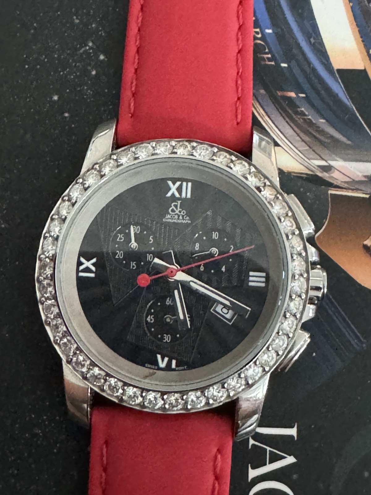 JACOB AND CO CHRONOGRAPH WATCH 38mm Diamond Bezel Complete Box Extra Str G2U