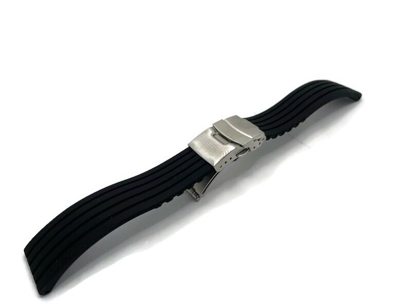 Black Silicone Rubber Watch Strap, Sports with Parallel Lines, 3 Fold Clasp 20mm