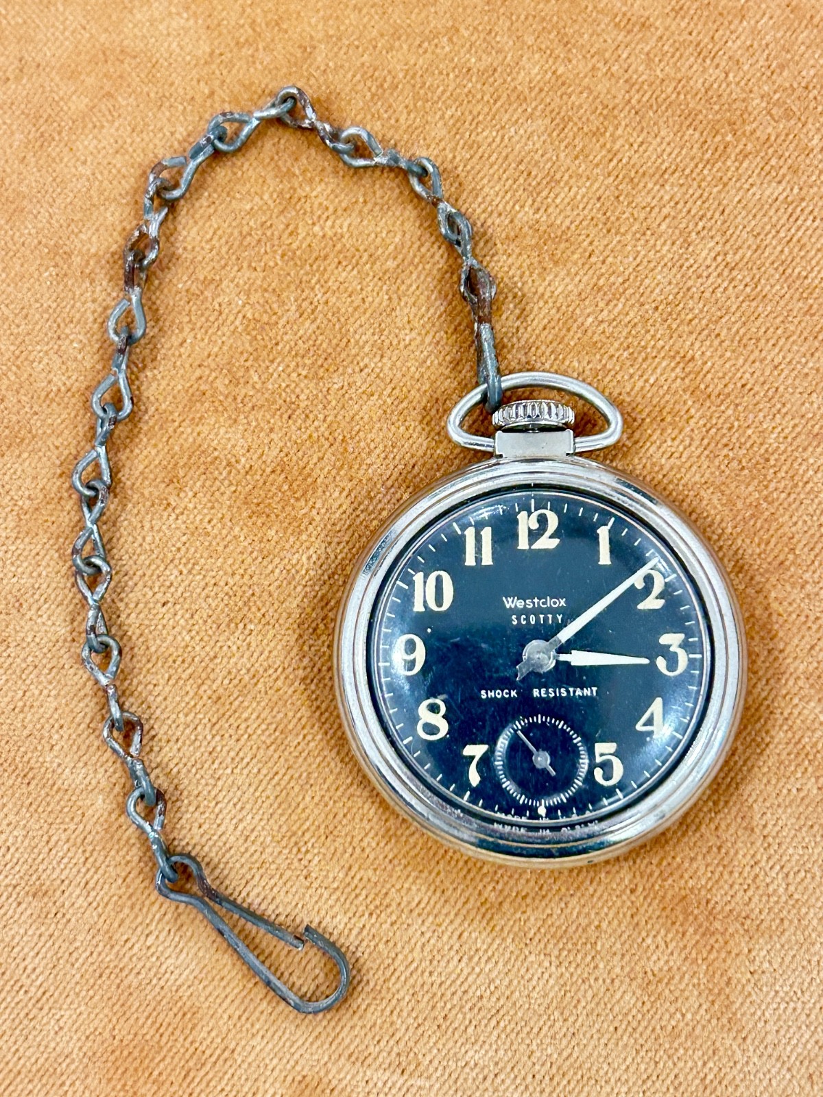 Vintage 1950’s Westclox SCOTTY Pocket Watch, Black Luminous Dial. Winds/Working