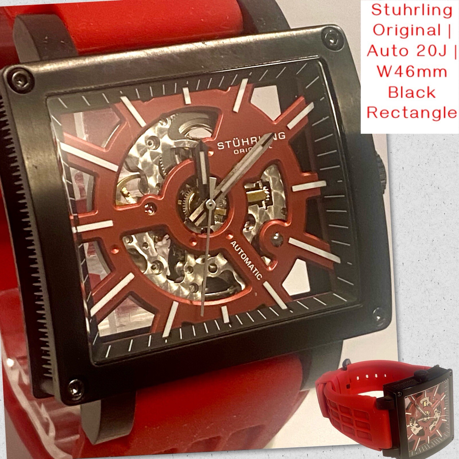 46mm Auto Skeleton Black Rectangular Red Strap WILD AXIS Mens Watch by STUHRLING
