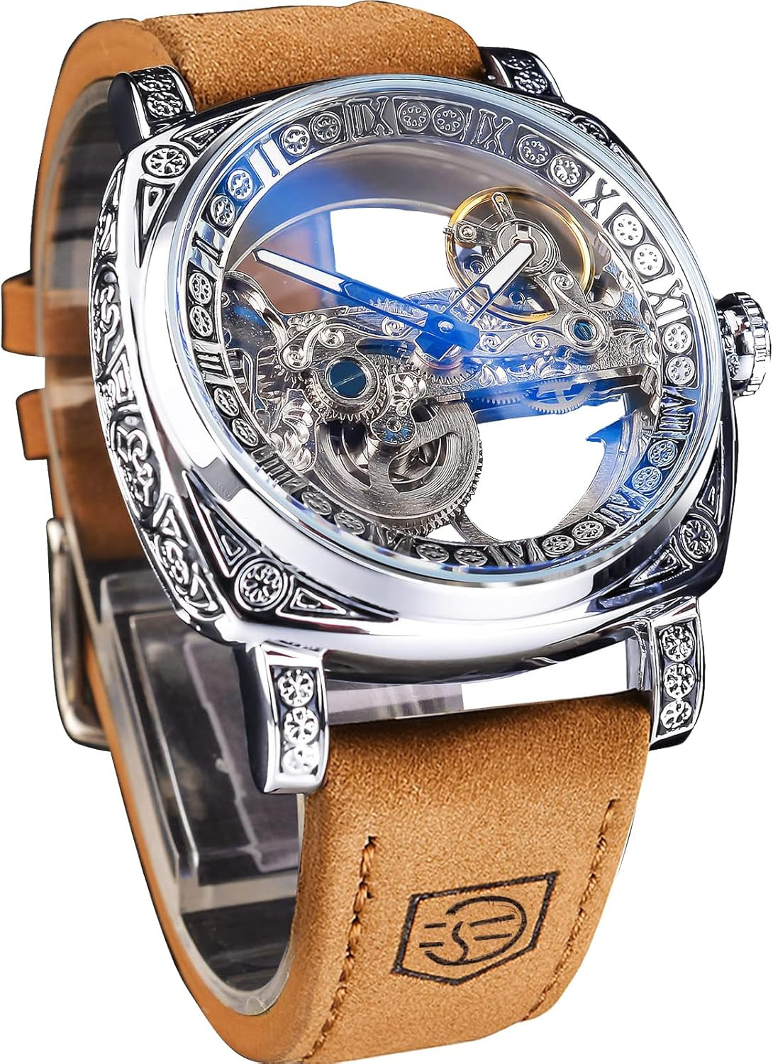 Men’s Luxury Hollow Skeleton Automatic Watch with Vintage Leather Strap