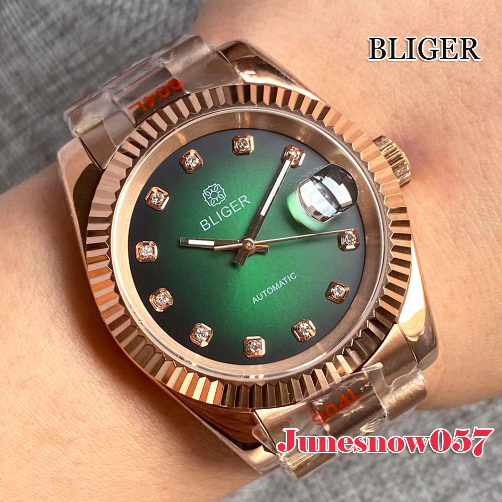 Bliger Rose Gold Case Strap Polish Watch Case 24 Jewels NH35A Automatic Movement