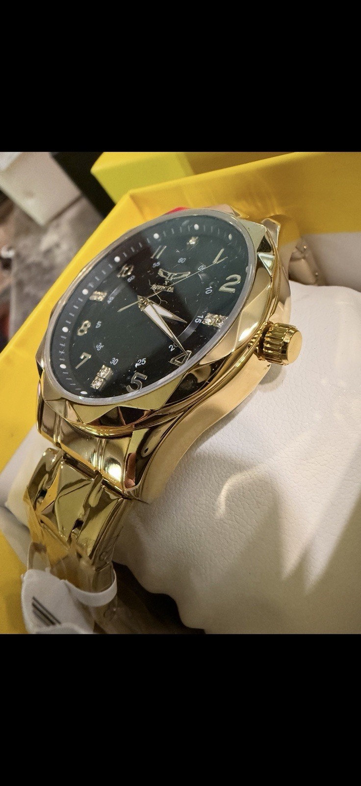 Invicta Men’s Analog Gold Tone Metal Bracelet Watch Black Dial Gem Markers Box