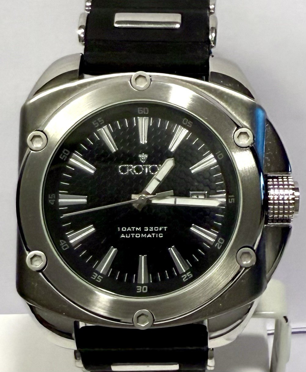 52mm Auto Slvrtn & Black Silicone Strap | Cushion Case | Black Dial CROTON Watch