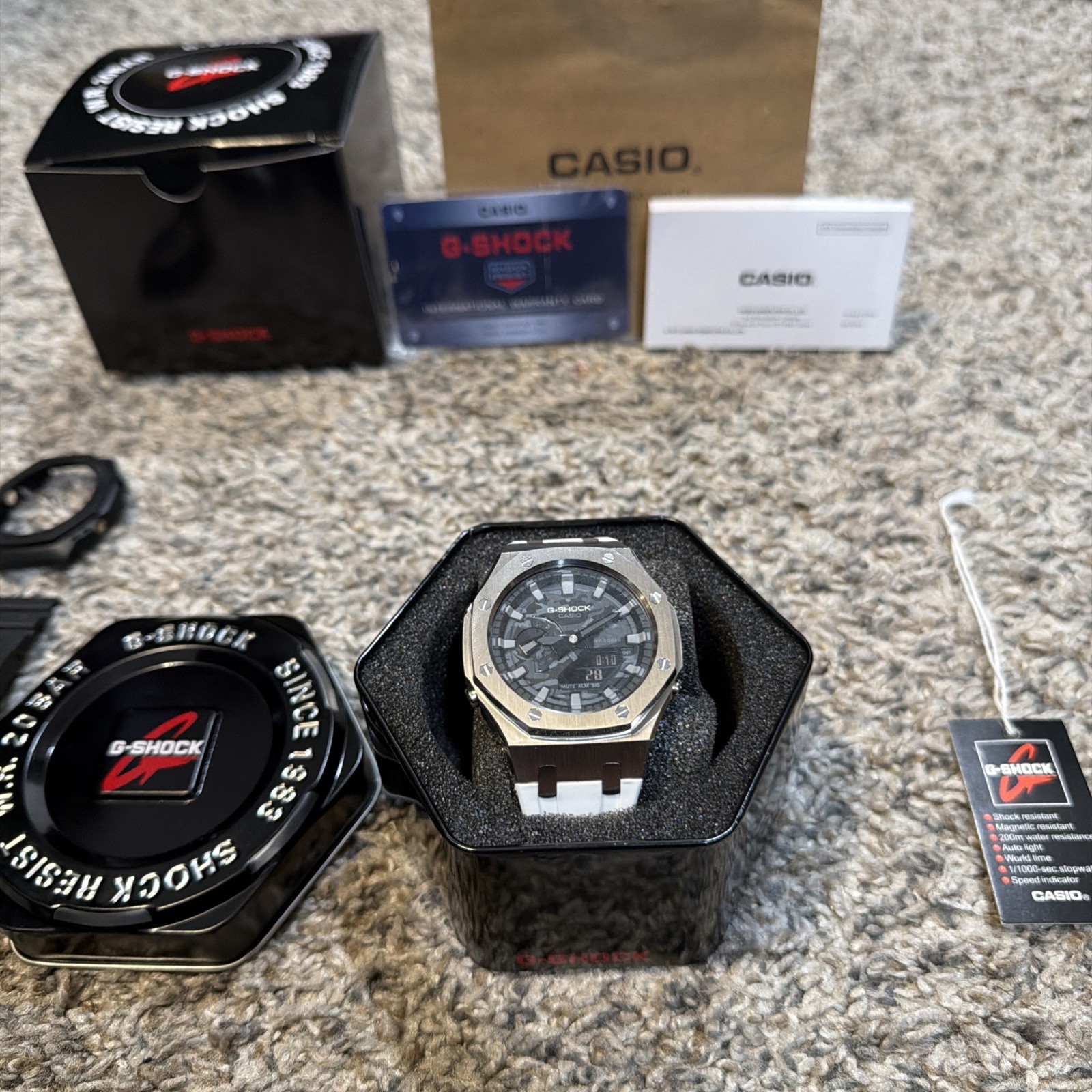 Casio G-Shock GA-2100 Custom Casioak Black And Grey With White Band. With Band